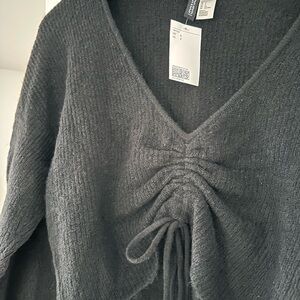 Divided Black V-Neck Drawstring Knit Sweater